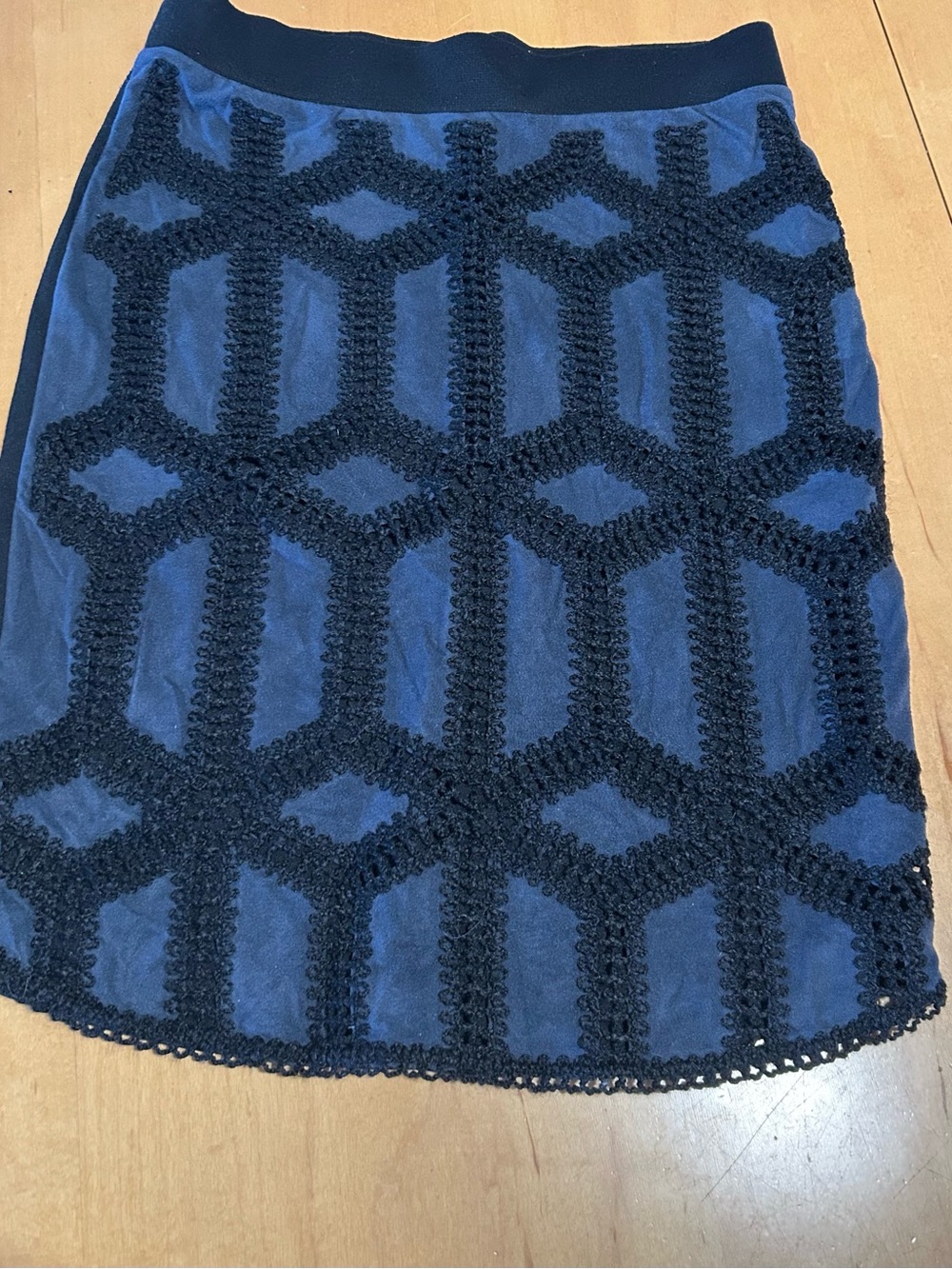 H&M Navy Blue Pencil Skirt with Black Crochet Pattern